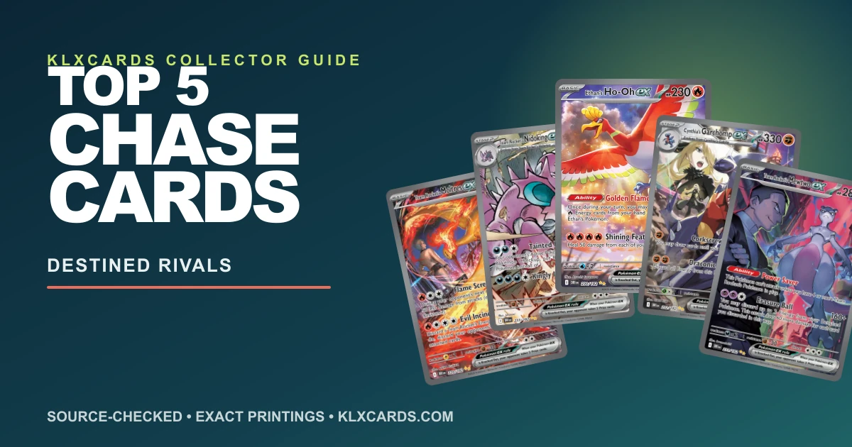 KLXCards Top 5 Destined Rivals chase cards guide featuring the five ranked Special Illustration Rare cards