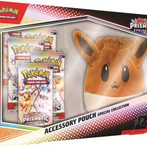 Eevee Accessory Pouch Special Collection featuring fuzzy pouch and Prismatic Evolutions booster packs.