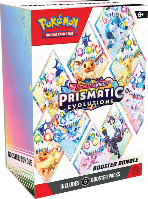 Prismatic Evolutions Booster Bundle featuring six Pokémon TCG Scarlet & Violet packs.