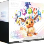 Pokemon Prismatic Evolutions Elite Trainer Box featuring Eevee Stellar Tera promo, 9 booster packs, card sleeves, and player accessories