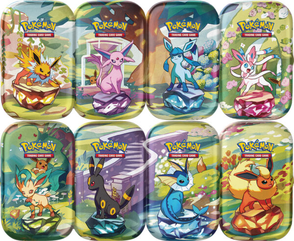 Prismatic Evolutions Mini Tins featuring eight colorful Pokémon collectible tins and art cards.