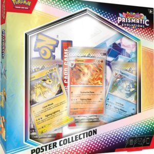 Pokemon Prismatic Evolutions Poster Collection featuring Flareon, Vaporeon, Jolteon promo cards and Eevee Evolutions poster