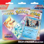 Pokemon Prismatic Evolutions Tech Sticker Collection featuring Leafeon, Glaceon, or Sylveon promo card, booster packs, and tech sticker sheet