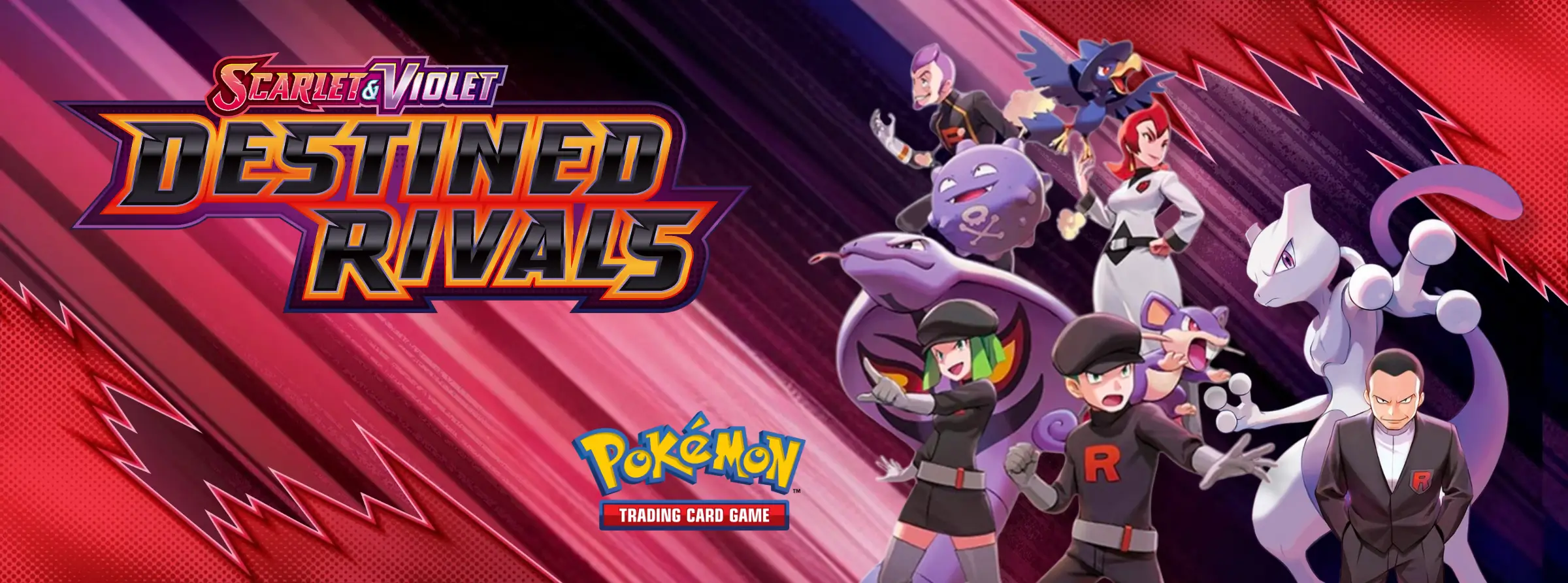 Destined Rivals Pokémon TCG Banner featuring Garchomp and dazzling cosmic artwork