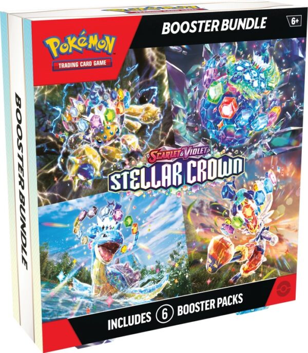 Front image of the Pokemon Scarlet and Violet Stellar Crown Booster Bundle with 6 booster packs