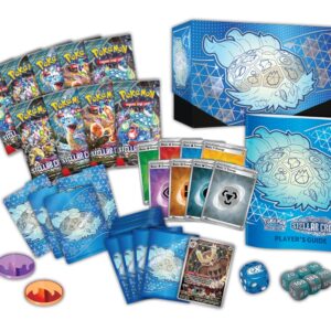 Front image of the Pokemon Scarlet and Violet Stellar Crown Elite Trainer Box with 9 packs, promo card, sleeves, and accessories
