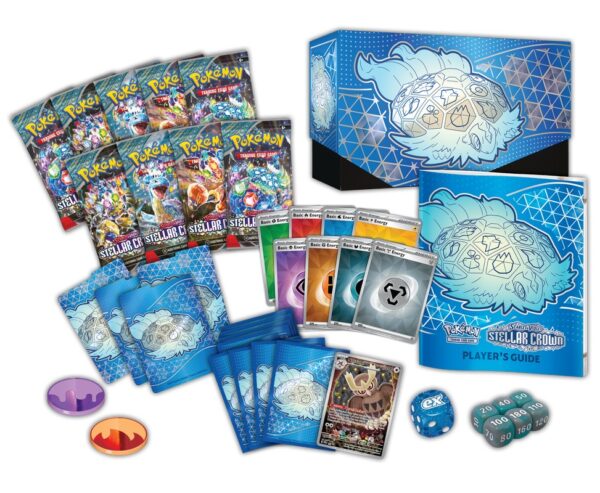 Front image of the Pokemon Scarlet and Violet Stellar Crown Elite Trainer Box with 9 packs, promo card, sleeves, and accessories
