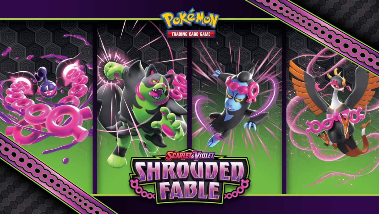 Shrouded Fable Pokémon TCG Banner featuring Okidogi, Munkidori, and Fezandipiti in a mystical forest