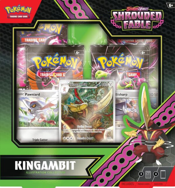 Product image of the Pokémon TCG: Shrouded Fable Kingambit Illustration Rare Box featuring Kingambit, Pawniard, and Bisharp promo cards