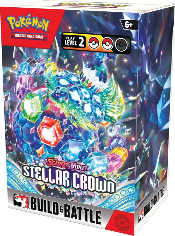 Front image of the Pokemon Scarlet and Violet Stellar Crown Build and Battle Box featuring booster packs and promo card deck